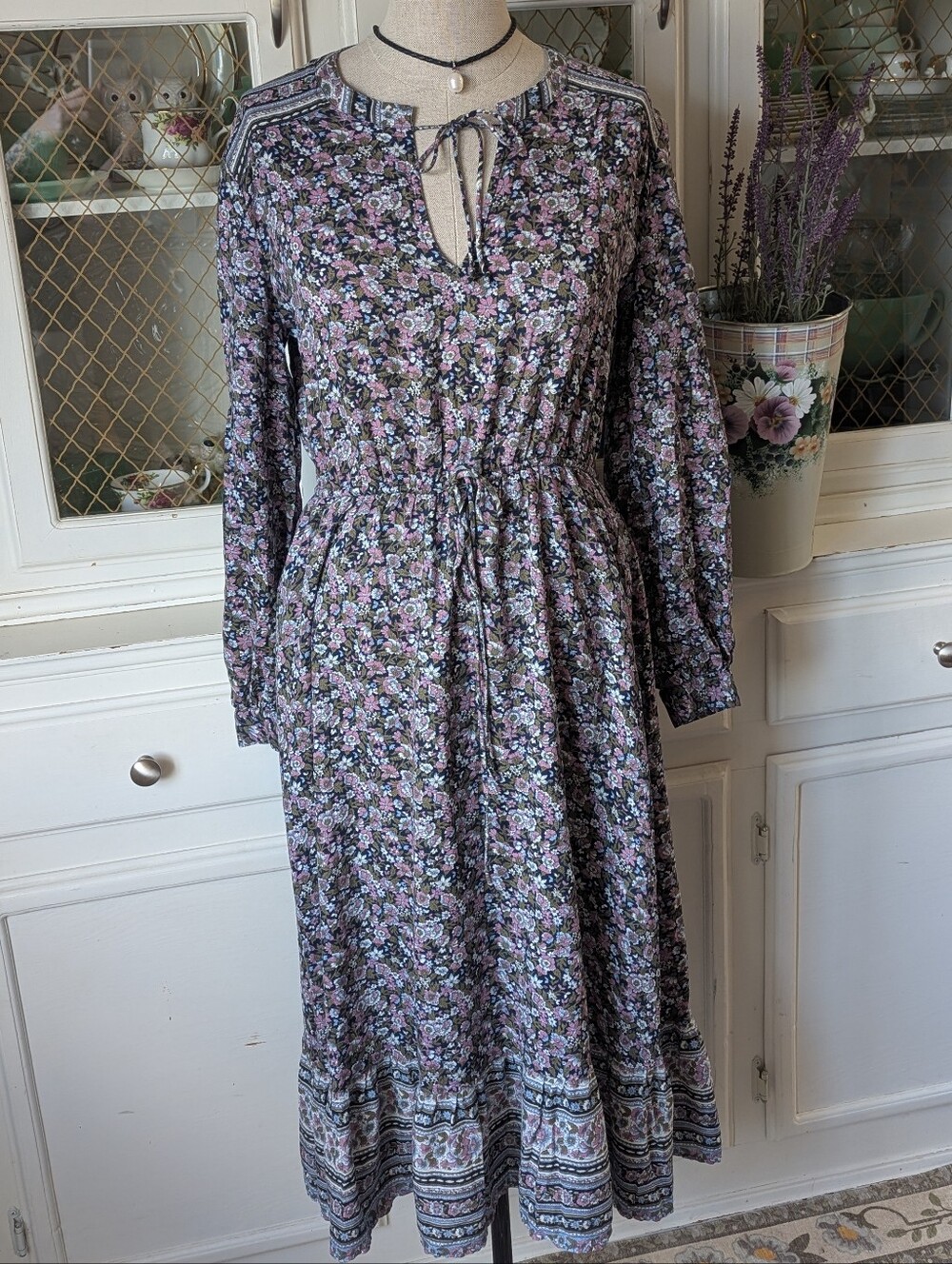 ๐๐ธLB Prairie Floral Boho Long-Sleeve Midi Dress Lavender Navy Made Festival - Picture 3 of 14